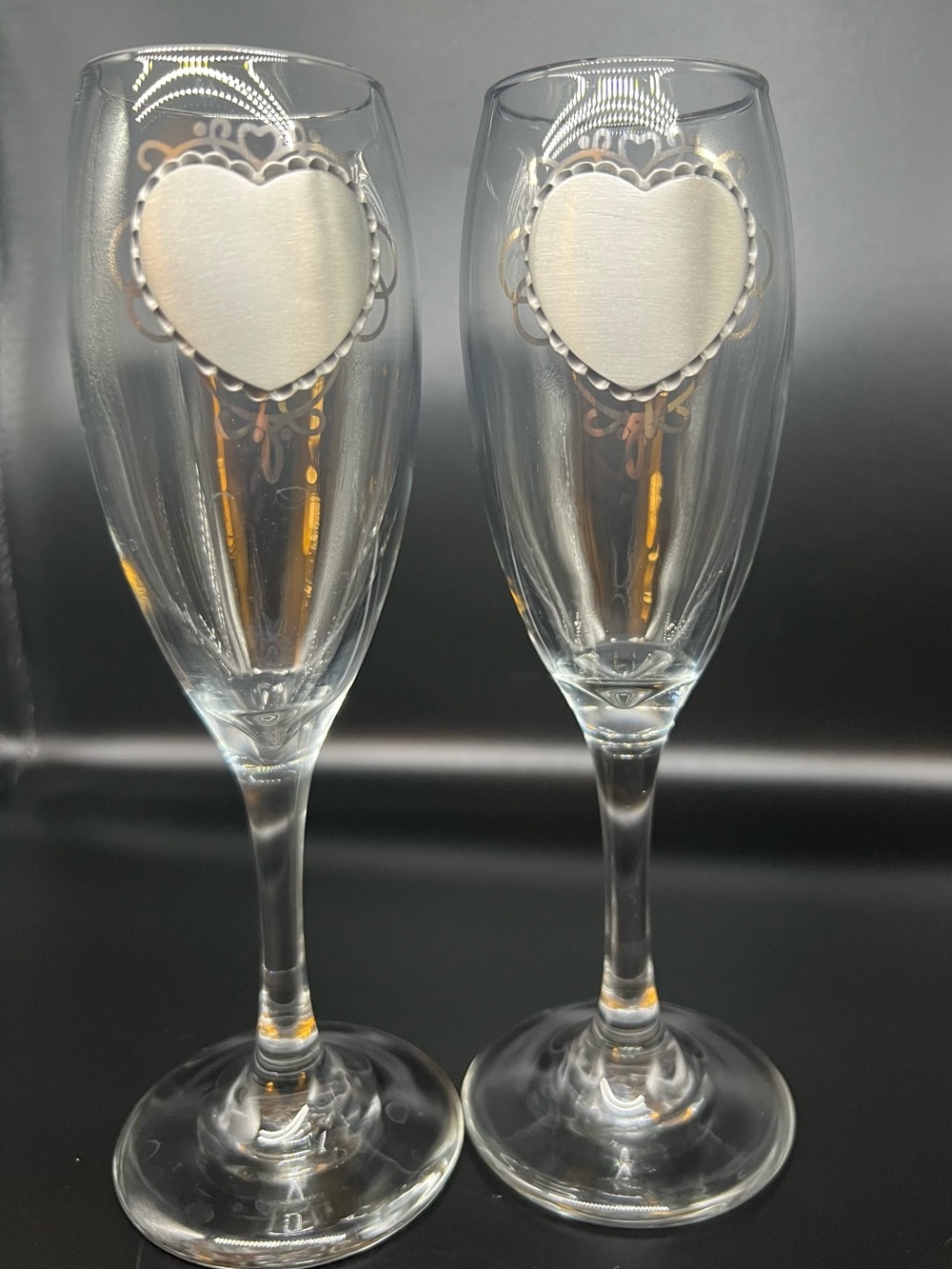 Things Remembered Clear Champagne Flutes with Silver Heart Medallions